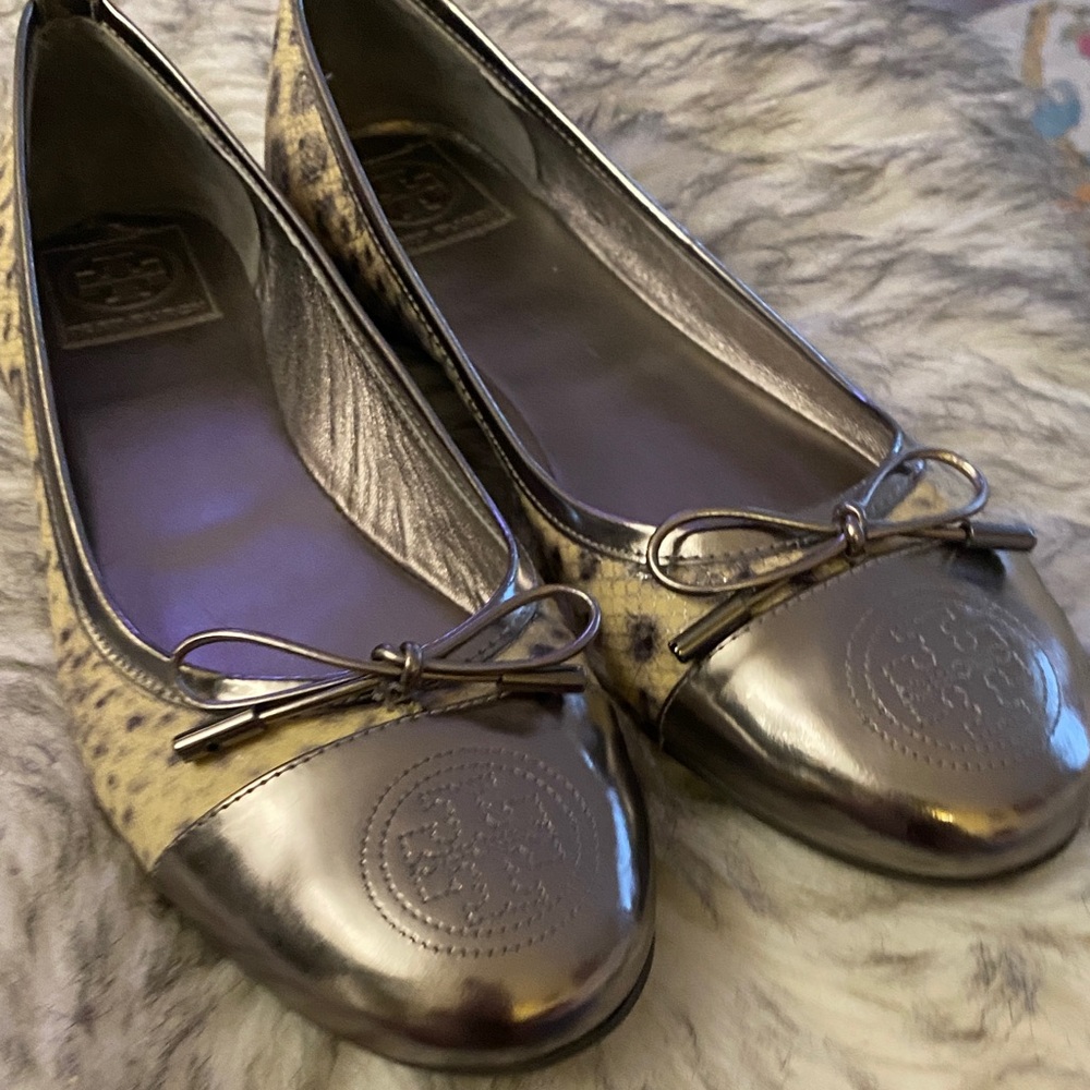 Tory Burch Metallic Silver Verbena and Leopard Print Women's Flats